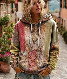 baratos -Mulheres Pulôver Moletom Com Capuz Floral Gráfico Elegante Quente Ativo Manga Longa Com Capuz Tops regulares Rua Dia a Dia Casual Patchwork Imprimir Vermelho Roxo Claro Roxo Marron Verde Primavera