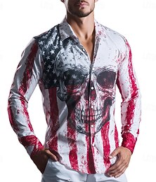 economico -Halloween Per uomo Teschio Bandiera Americana Camicia Camicia con Bottoni Manica Lunga Vintage Retrò All'aperto Casuale Ferie Primavera Autunno Collo ripiegato Stampa 3D camicie con colletto Bianco 1