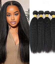 abordables -Extensions de cheveux brésiliens lisses Yaki de 25 à 76 cm, lot de 4, noir naturel, pour femmes