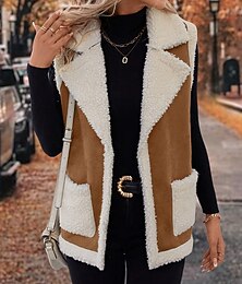 preiswerte -Damen Sherpa-Jacke Bequem Atmungsaktiv Patchwork Lässig Farbblock Urlaub Straße Lässig Alltagskleidung Offene Vorderseite Kurz Gekerbtes Revers Normale Passform Ärmellos Oberbekleidung Schwarz Khaki