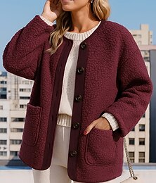 billige -Jul Dame Vinterfrakk Polar fleecejakke Knapper Med lommer Langermet Topper treningsklær Høst Ensfarget Varm Vandring Utendørs Reise Sports Sportsklær Vinrød Svart Hvit