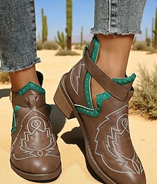 abordables -Botines vaqueros marrones para mujer: zapatos retro de piel sintética estilo vaquero para looks de otoño y festivales.