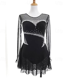 preiswerte -Eiskunstlaufkleid Damen Mädchen Eislaufen Kleid Schwarz Patchwork Daumenloch Spandex Netzstoff Dehnbar Training Übung Professionell Eiskunstlaufkleidung Thermowarm Kristall / Strass Langarm Eislaufen