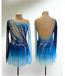 preiswerte -Eiskunstlaufkleid Damen Mädchen Eislaufen Kleid Blau Patchwork Asymmetrischer Saum Netzstoff Spandex Hohe Elastizität Training Wettbewerb Eiskunstlaufkleidung Klassisch Kristall / Strass Langarm