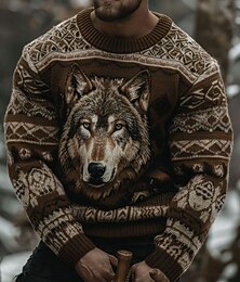 preiswerte -Herren Tiermotiv Wolf Pullover Fair Isle Sweater Strickware Rundhalsausschnitt Lässig Urlaub Täglich 3D-Druck warm halten Langarm Frühling Herbst Winter Braun