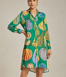 abordables -Robe chemise à imprimé citrouille verte pour femme, col en V, coupe ample, ourlet asymétrique, design fendu, audacieux, élégant, tendance, quotidien, travail, fête, automne
