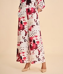 abordables -Pantalones anchos con fruncido elástico y estampado abstracto burdeos para mujer