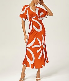 abordables -Robe longue en satin pour femme, imprimé abstrait, manches dolman, col en V, ceinture nouée, élégante, décontractée, vacances, printemps, été, automne