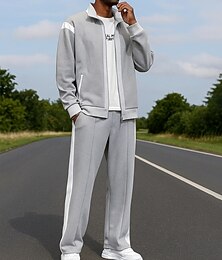 お買い得  -男性用 ジップアップスウェットシャツ ラウンジスウェットスーツセット 2ピーストラックスーツ 秋 ポケット付き カラーブロック スーツウェア ブラック ホワイト ハイキング ボウケーション 屋外 長袖 スポーツ アクティブウェア マイクロエラスティック レギュラー