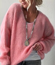 halpa -Naisten Neulos Tyylikäs Muoti Katutyyli Puhdas väri V kaula-aukko Kudottu Pitkähihainen Tavalliset topit Neuloa ulko- Päivittäin Viikonloppu Punastuvan vaaleanpunainen Sininen Kevät Syksy