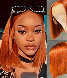 abordables -Perruque courte en dentelle Bobo bleue # 13*4, cheveux humains raides, densité 150 % pour femmes noires