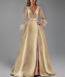 preiswerte -A-Linie Bodenlang Abendkleid Ballkleid Festliche Kleidung Elegant Hoher Schlitz Langarm V Ausschnitt Weihnachten Formell Champagnerfarbenes Brautmutterkleid Paillettenbesetzt mit Feder Glitzer