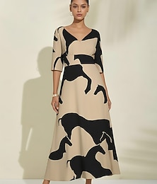 abordables -Robe longue en satin pour femme, motif géométrique abstrait, blocs de couleurs, col en V, manches dolman, ceinture nouée, élégante, printemps, été, automne