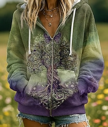 abordables -Sudadera con capucha boho vintage de impresión 3D para mujer sudadera con parches florales cierre de cremallera casual con capucha uso diario bolsa de parches púrpura claro púrpura marrón verde