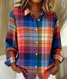 זול -בגדי ריקוד נשים חולצה משובץ יום יומי שרוול ארוך צווארון חולצה חולצות רגילות יומי טלאים כפתורים דפוס פול ירוק בהיר ורוד מסמיק אודם כתום אביב סתיו חורף