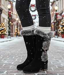 olcso -női fekete műszőrme bélésű téli csizma - vastag sarkú bársony hótaposó arany díszítéssel hideg időjáráshoz, síelésekhez és nyaralási öltözékekhez