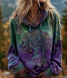 levne -Dámská 3D tisková vintage boho mikina patchwork s květinovým vikingským pulovrem ležérní dlouhý rukáv mikina s kapucí každodenní nošení patchwork print přední kapsa fialová jaro podzim zima