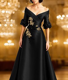 abordables -Robe de soirée trapèze noire et rouge, élégante robe de soirée formelle, longueur au sol, manches longues, épaules dénudées, satin avec paillettes scintillantes, 2025