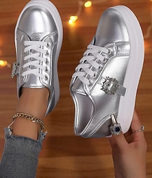voordelige -Dames zilverkleurige metallic veterschoenen met strass gesp - modieuze casual schoenen voor uitgaansgelegenheden, feesten en cluboutfits