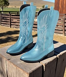 olcso -női kék farmer western cowboy csizma hímzett részletekkel – középvádárig érő, hegyes orrú csizma zenei fesztiválokra, rodeó rendezvényekre és vidéki stílusú öltözékekre