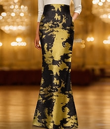 ieftine -Rochie de seară aurie neagră, tip sirenă / trompetă, elegantă, de seară, rochie formală, lungime podea, mânecă jumătate, decolteu în V, cu buzunar, satin, cu imprimeu floral, 2025