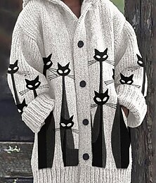 abordables -Femmes Cardigan Quotidien Occasionnel Graphique Animal Côtelé À capuche Avec Poches Boutons Imprimé manche longue Hauts Longs Tricoter Extérieur Week-end Blanche Automne Hiver
