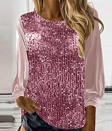 お買い得  -女性用 Tシャツ ティートップ スパンコール パッチワーク 純色 ファッション スタイリッシュ クラシック 長袖 クルーネック レギュラートップス 日常 週末 ピンク 春 秋