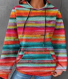 olcso -Női Pulóver Hoodie pulóver Csíkos Alkalmi Hosszú ujj Kapucni Normál felsők Utca Hétköznapi Zseb Nyomtatott Medence Bíbor Narancssárga Lóhere Ősz Tél