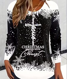abordables -Noël Femmes T-shirt Graphique Motif de flocon de neige Noël ancien Mode Élégant manche longue Col ras du cou Col rond Hauts Réguliers Quotidien Week-end Imprimé Noir Dorée Été Printemps Automne Hiver