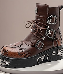 abordables -Botas de plataforma góticas marrones con llamas para hombre, botas de motociclista punk con cordones, hebillas y detalles metálicos para fiestas de Halloween, cosplay de terror y festivales temáticos.