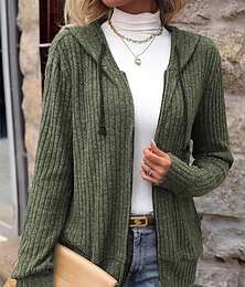 abordables -Femmes Pull Cardigan Occasionnel Doux Couleur Unie Côtelé À capuche Tricoté À capuche manche longue Hauts Longs Tricoter Extérieur Quotidien Week-end Noir Vin Automne Hiver