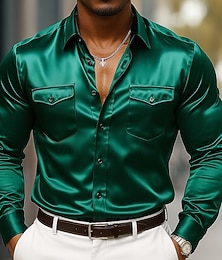 preiswerte -Herren Hemd Satinhemd Kleidhemd Freizeithemd Knopfhemd Abschlussballhemd Einfarbig Formell Hochzeit Schwarz Wein Grün Grau Langarm Revers Ganzjahres Bekleidung
