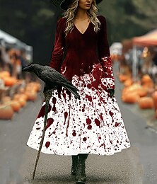 preiswerte -Halloween Damen Midikleid A Linie Kleid Urlaub Lässig Boho Strand Normale Passform Grafik Abstrakt Langarm V Ausschnitt Weiß Dunkelrot Wein Braun Frühling Herbst Winter