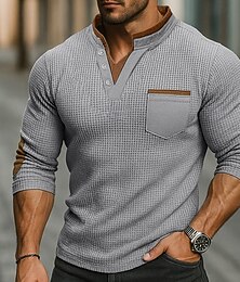 billige -Herre Vaffel T-skjorte Vaffel Henley-skjorte Langermet Høy krage Vinter Høst Alle årstider Helfarge Mote Grunnleggende Fritid Lommer falske to stykker Gate Avslappet Sport Svart Navyblå Militærgrønn