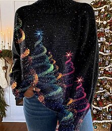 abordables -Femmes Pull Élégant Mode Streetwear Graphique Arbre de Noël Col roulé Tricoté manche longue Hauts Réguliers Tricoter Travail Sortir Noir Automne Hiver