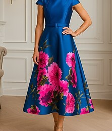 abordables -Robes cocktail A-line Robe à fente haute Invité de mariage formel Longueur cheville Manches courtes Col bijou Poche Satin avec impression florale Robe d'invité de mariage