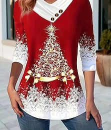 abordables -Noël Femmes T-shirt Graphique Père Noël Motif de flocon de neige ancien Élégant Classique manche longue Col ras du cou Col en V Hauts Réguliers Quotidien Boutons Imprimé Asymétrique Noir Rouge Bleu