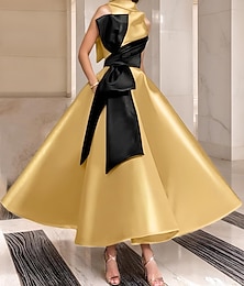 preiswerte -Gold Schwarz A-Linie Cocktailkleider Elegantes Kleid Formelle Hochzeit Knöchellang Ärmellos Rundhalsausschnitt Tasche Satin mit Schleife(n) Perlenstickerei