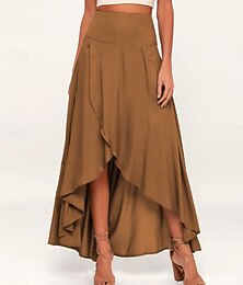 abordables -Femmes Jupe Trapèze Mode Occasionnel Maxi Taille haute Jupes Uni A Volants Micro-Élastique Rue Quotidien Vin Noir Rose Claire Marron Printemps Polyester