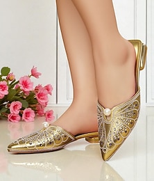 preiswerte -Damen-Pantoletten mit goldenen Strasssteinen und Perlendetail – glamouröse Slip-On-Schuhe mit spitzer Spitze für das Nachtleben und Cocktailpartys