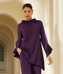 abordables -Chemisier femme rouge vin mousseline unie tencel roma patchwork volants manches 3/4 col montant décontracté élégant printemps été automne