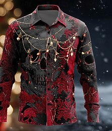 economico -Per uomo Teschio Floreale / Fiore Giorno dei Morti Camicia Camicia con Bottoni Manica Lunga Gotico punk oscuro All'aperto Ferie Estate Primavera Collo ripiegato Stampa 3D camicie con colletto Rosso