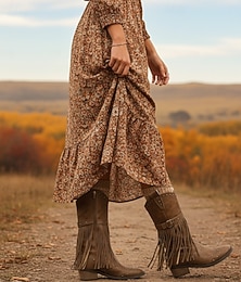 economico -stivali alti fino al ginocchio da donna in similpelle marrone con frange, dettagli borchiati e tacchi bassi a blocco, calzature in stile cowboy western bohémien