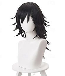 economico -Parrucche Cosplay Taglio a Strati per Uomini 16 pollici Fibra Resistente al Calore Parrucca Nera Riccia per Adolescenti e Adulti Parrucche di Halloween