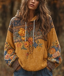 baratos -Womens Hoodie Vintage Boho Patchwork Sweatshirt Floral Pullover Moletom Elegante Quente Vintage Manga Longa Capuz Rua Casual Patchwork Amarelo Primavera Outono Inverno