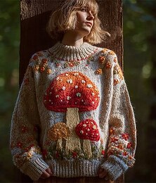 preiswerte -Damenpullover Vintage Pullover Alltag Casual Grafik gerippt Rundhalsausschnitt Strickdruck Langarm Normal Oberteile Strick Outdoor Wochenende Rot Herbst Winter