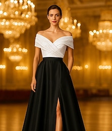 abordables -Robe de soirée trapèze noire et blanche, élégante robe de soirée formelle, longueur au sol, sans manches, épaules dénudées, poche, satin avec plis fendus, 2025