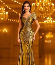 ieftine -Rochie de seară aurie, tip sirenă/trompetă, elegantă, de seară, rochie formală, lungime până la podea, mânecă scurtă, pe un umăr, satin elastic cu crăpături din paiete, 2025