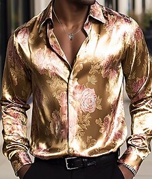economico -Per uomo Stampa Floreale Rosa Fiori Camicia Camicia in raso Camicia elegante Manica Lunga Vintage Retrò Vacanza Abbigliamento Quotidiano Estate Primavera Autunno Collo ripiegato Stampa 3D Camicie con