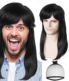 economico -berretto per capelli, parrucche nere stile mullet per uomo, abiti rock anni '70 e '80 naturali, parrucche divertenti con frangia, costume da discoteca da uomo, capelli neri da discoteca, costume